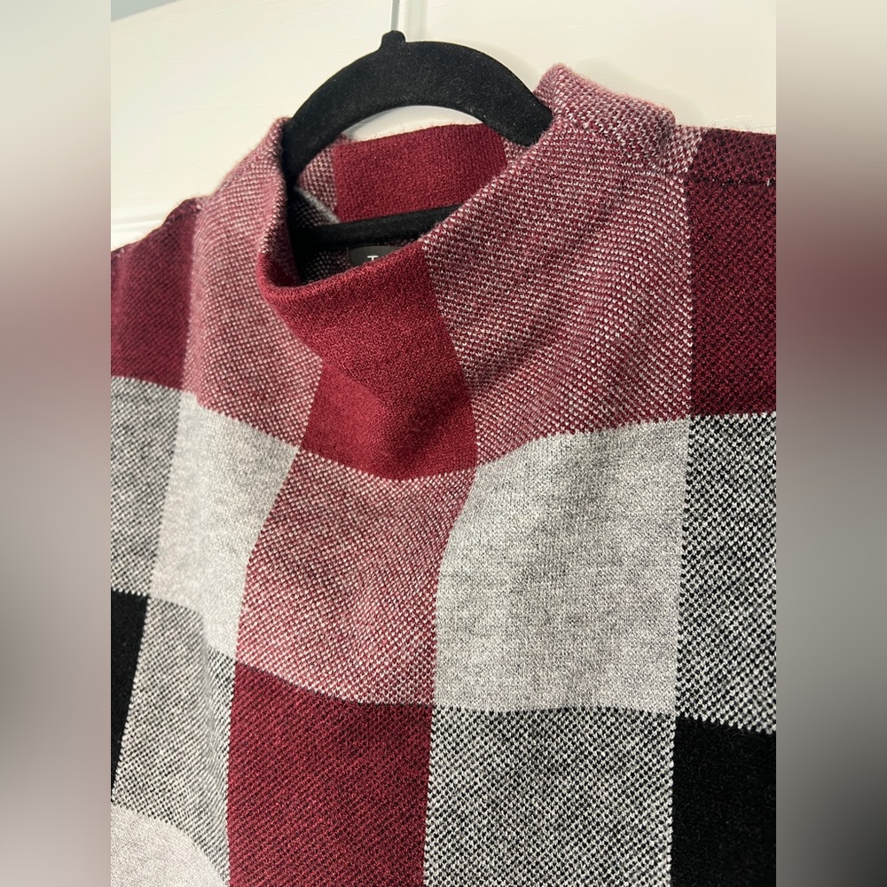 Tahari Plaid Mock Neck Knit Top Burgundy Gray Black Ivory Sweater | Size L - Picture 4 of 7
